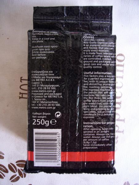 Alta gusto - Espresso 250g - zadní strana